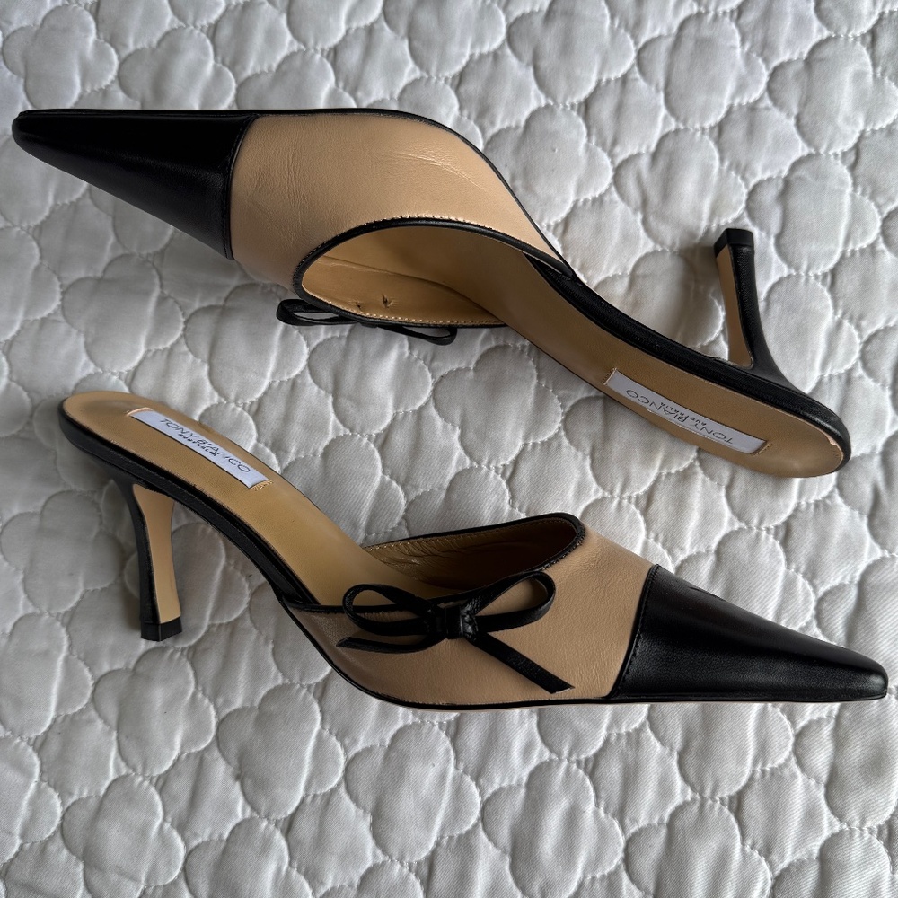 Tony Bianco Black and Tan Heels Elegant Pointed Toe - Picture 3 of 7